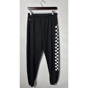 Aviator Nation Sweatpants Womens Large Black Rainbow Logo Joggers Checkered Leg